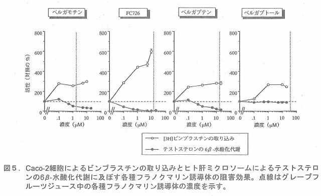 図5.Caco-2細胞によるビンブラステンの取り込みとヒト肝ミクロソームによるテストステロンの6β−水酸化代謝に及ぼす各種フラノクマリン誘導体の阻害効果。点線はグレープフルーツジュース中の各種フラノクマリン誘導体の濃度を示す。